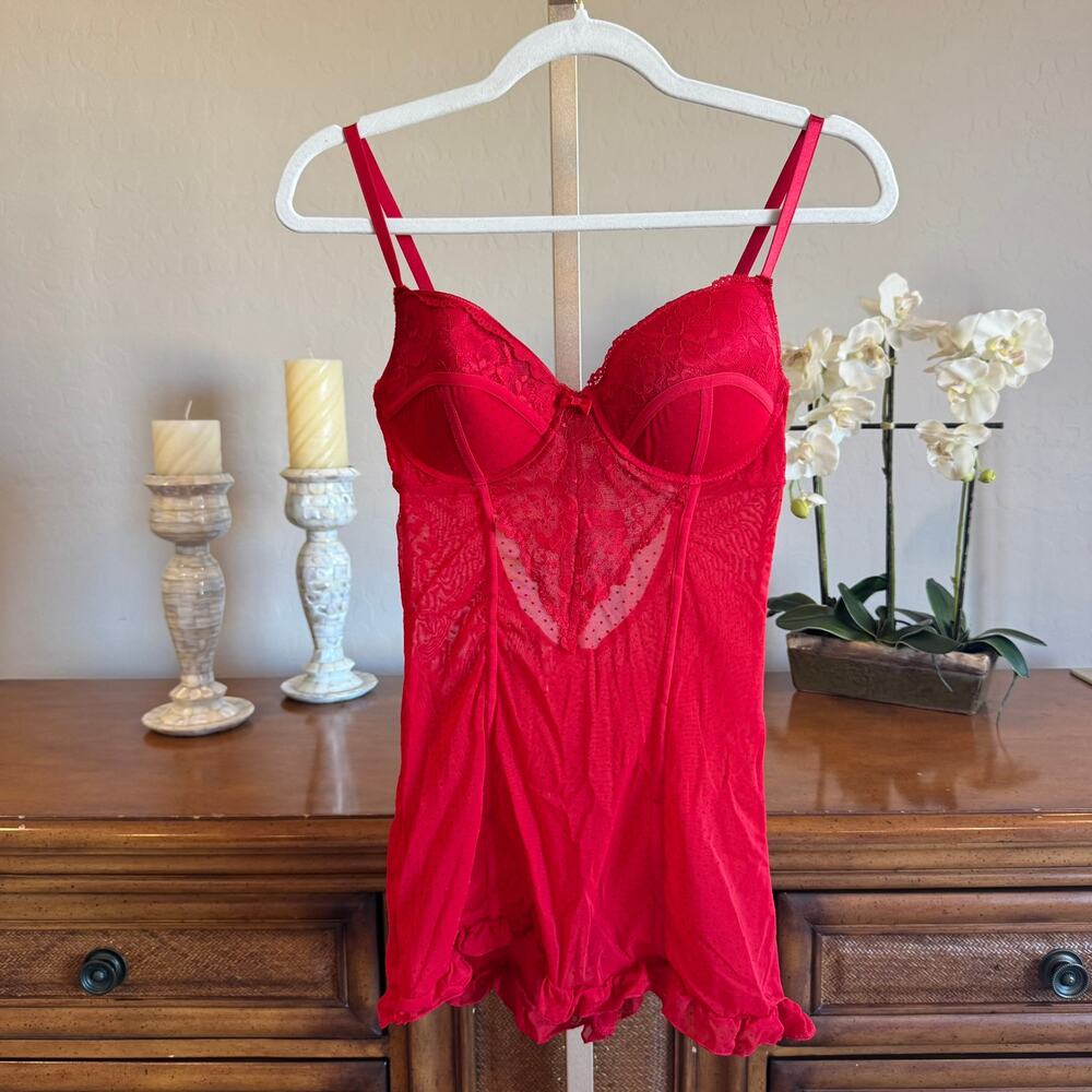 Just Sexy Frederick’s of Hollywood Red Sheer Lace Babydoll Negligee M